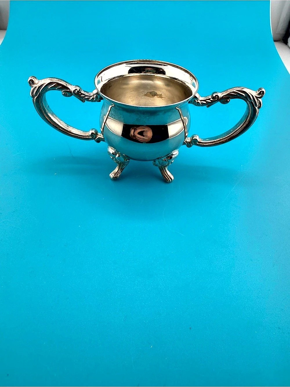 Ornate Footed Silver Tone Sugar Bowl with Two Handles